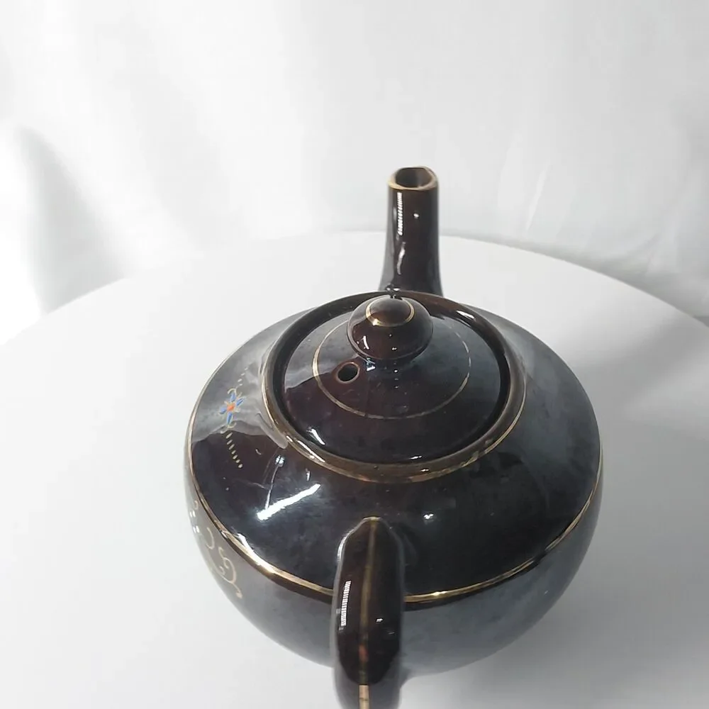 Vintage Japanese Moriage Redware Teapot Brown Betty Gold Backstamp Export 7